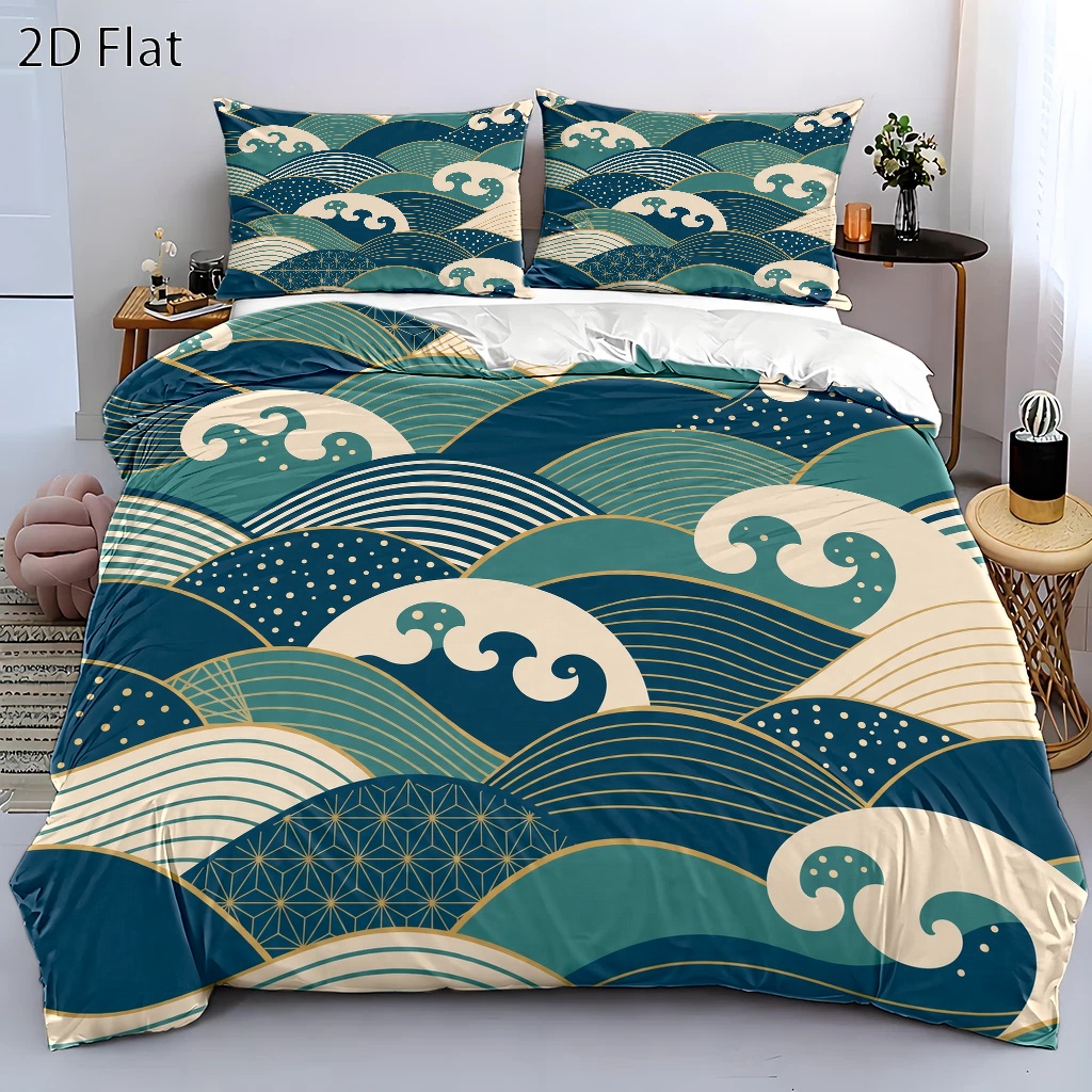 Luxury Skincare Set - 3-Piece Japanese-Style Wave Pattern Duvet Cover