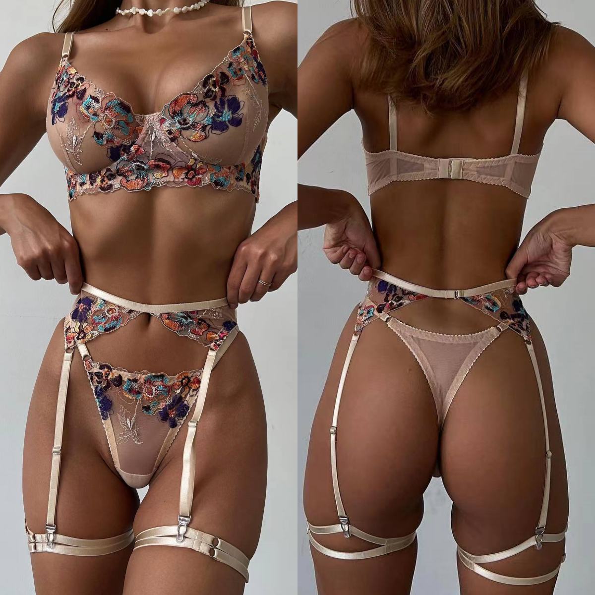 Luxury Skincare Set For Women - Krasapt Luxury Embroidery See-through Lingerie 4Pcs